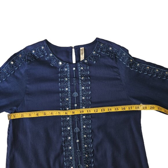 ETHNIC Blue Embroidered 3/4 Sleeve Tunic Short Dress Size Small - Picture 4 of 8